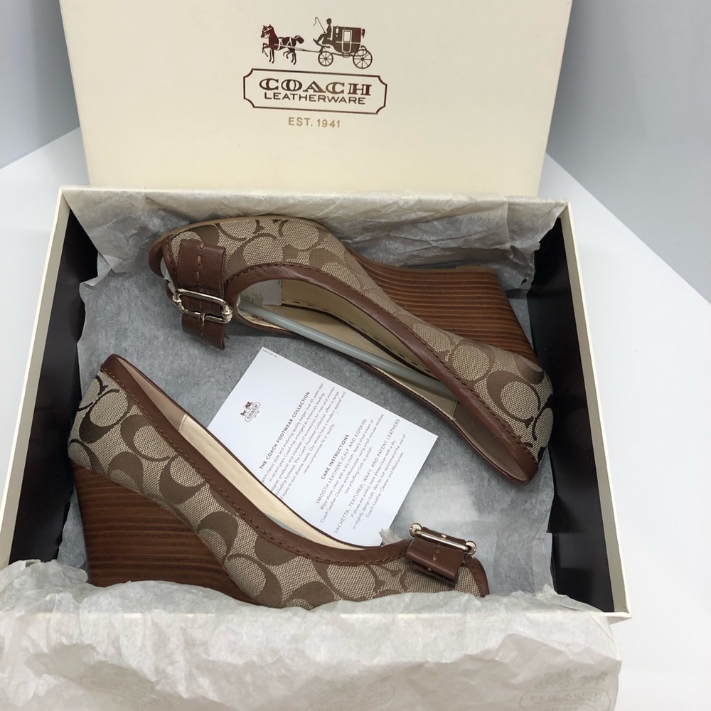 COACH Peep-Toe Khaki/Walnut Wedges - Picture 7 of 8